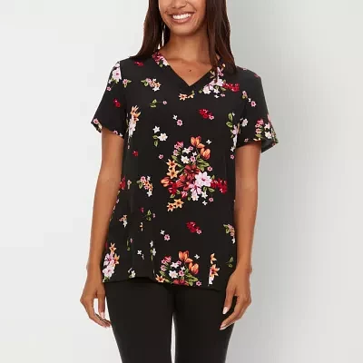 Sienna Love 2-Pocket Printed Floral Womens V Neck Quick Dry Short Sleeve Scrub Top