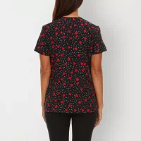 Sienna Love 2-Pocket Printed Hearts Womens V Neck Quick Dry Short Sleeve Scrub Top