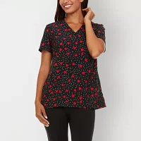 Sienna Love 2-Pocket Printed Hearts Womens V Neck Quick Dry Short Sleeve Scrub Top