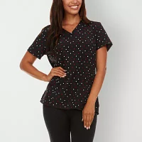 Sienna Love 2-Pocket Printed Hearts Womens V Neck Quick Dry Short Sleeve Scrub Top