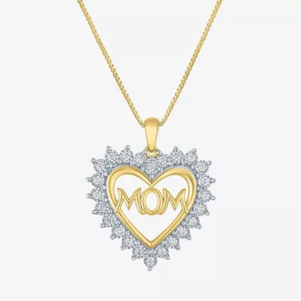 "Mom" (G-H / I1-I2) Womens 1/4 CT. T.W. Lab Grown White Diamond 14K Gold Over Silver Heart Pendant Necklace