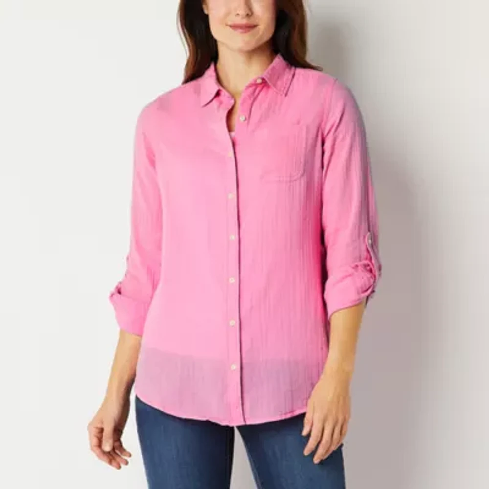 St. John's Bay Tall Womens Long Sleeve Relaxed Fit Button-Down Shirt