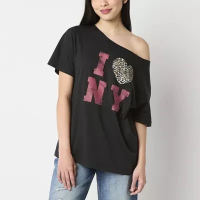 Juniors I Love New York Off The Shoulder Tee Womens Short Sleeve Graphic T-Shirt