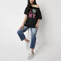 Juniors I Love New York Off The Shoulder Tee Womens Short Sleeve Graphic T-Shirt