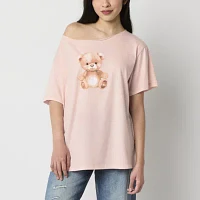 Juniors Sweet Bear Off The Shoulder Tee Womens Short Sleeve Graphic T-Shirt