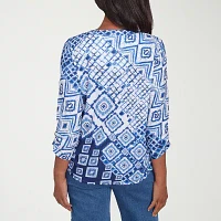 Alfred Dunner Free Spirit Womens Split Crew Neck 3/4 Sleeve T-Shirt