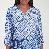 Alfred Dunner Free Spirit Womens Split Crew Neck 3/4 Sleeve T-Shirt