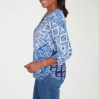 Alfred Dunner Free Spirit Womens Split Crew Neck 3/4 Sleeve T-Shirt