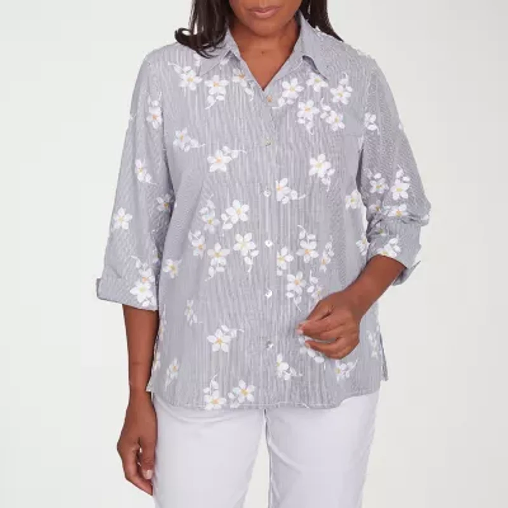 Alfred Dunner Dress Code Womens 3/4 Sleeve Embroidered Button-Down Shirt