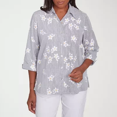 Alfred Dunner Dress Code Womens 3/4 Sleeve Embroidered Button-Down Shirt