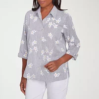 Alfred Dunner Dress Code Womens 3/4 Sleeve Embroidered Button-Down Shirt