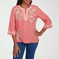 Alfred Dunner Free Spirit Womens Split Crew Neck 3/4 Sleeve Embroidered Blouse