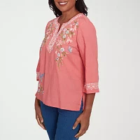 Alfred Dunner Free Spirit Womens Split Crew Neck 3/4 Sleeve Embroidered Blouse