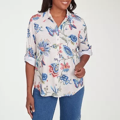 Alfred Dunner Free Spirit Womens 3/4 Sleeve Button-Down Shirt