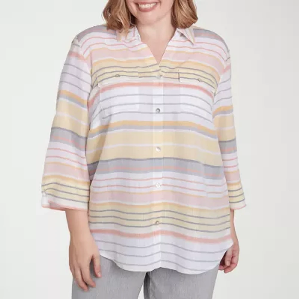 Alfred Dunner Plus Dress Code Womens 3/4 Sleeve Button-Down Shirt