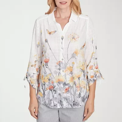 Alfred Dunner Plus Dress Code Womens 3/4 Sleeve Button-Down Shirt