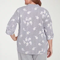 Alfred Dunner Plus Dress Code Womens 3/4 Sleeve Embroidered Button-Down Shirt