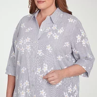 Alfred Dunner Plus Dress Code Womens 3/4 Sleeve Embroidered Button-Down Shirt