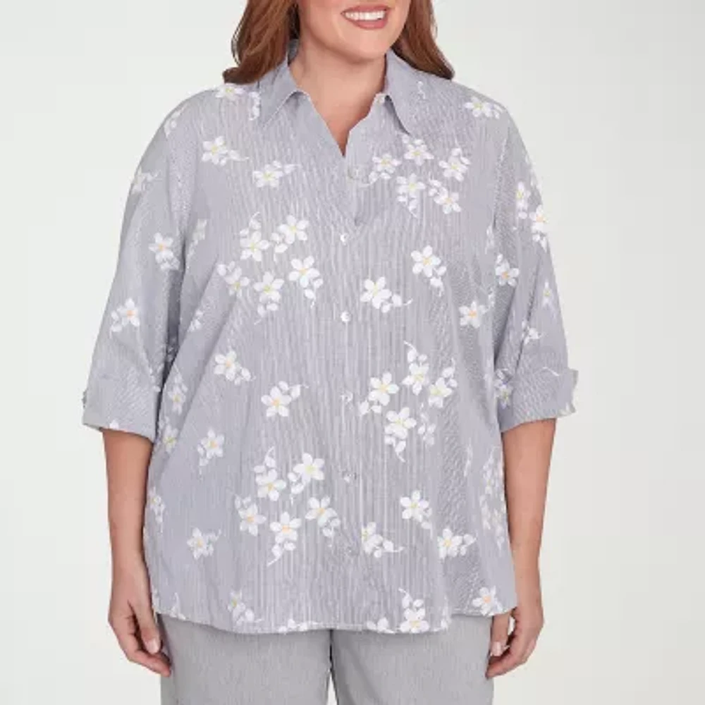 Alfred Dunner Plus Dress Code Womens 3/4 Sleeve Embroidered Button-Down Shirt