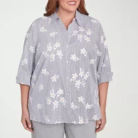 Alfred Dunner Plus Dress Code Womens 3/4 Sleeve Embroidered Button-Down Shirt