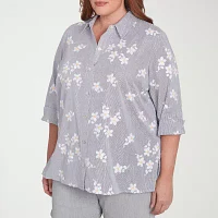 Alfred Dunner Plus Dress Code Womens 3/4 Sleeve Embroidered Button-Down Shirt