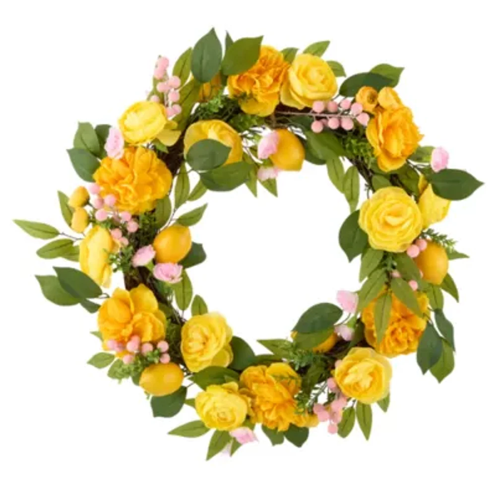 Linden Street 24in Lemon Peony And Pink Berry Wreath