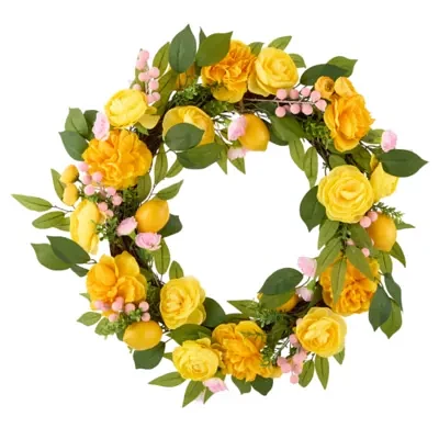 Linden Street 24in Lemon Peony And Pink Berry Wreath