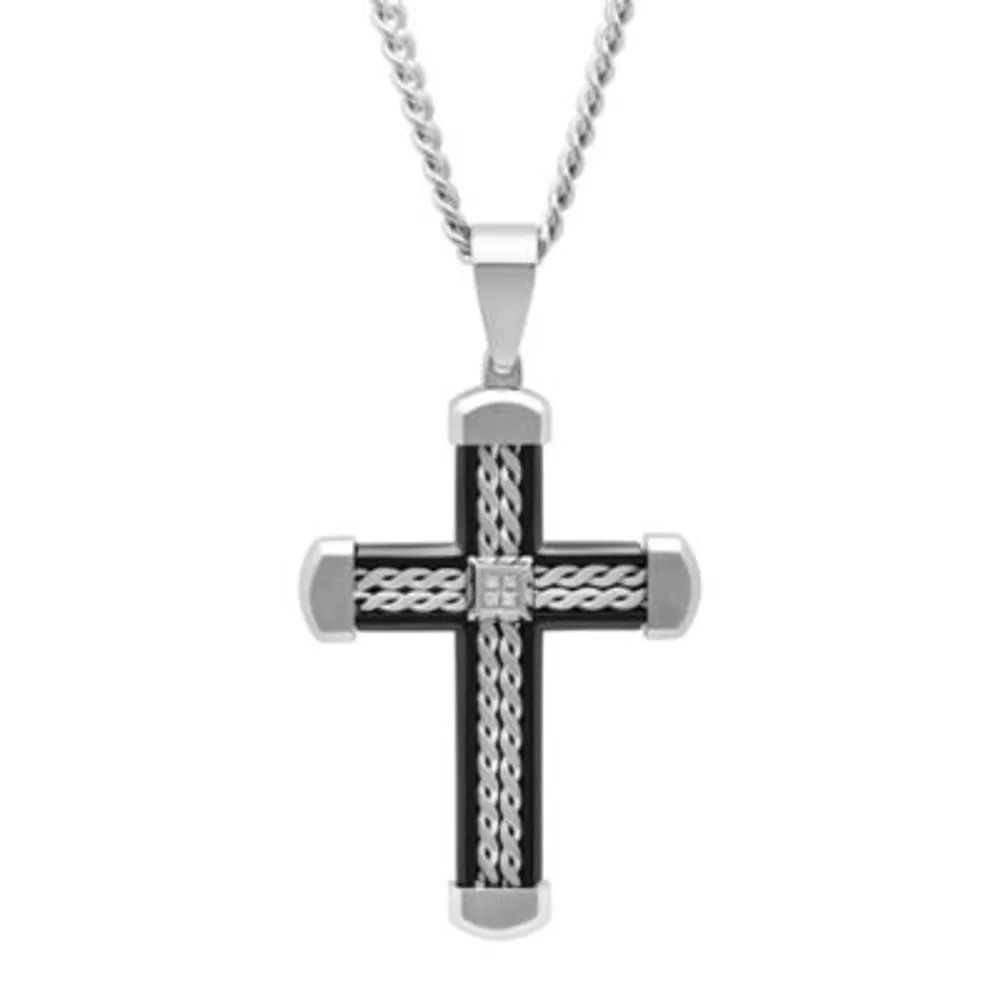 Mens Diamond Accent Stainless Steel with Black IP Braid Design Cross Pendant Necklace