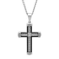 Mens Diamond Accent Stainless Steel with Black IP Braid Design Cross Pendant Necklace