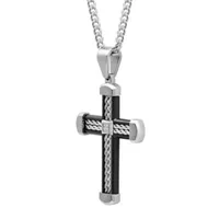 Mens Diamond Accent Stainless Steel with Black IP Braid Design Cross Pendant Necklace