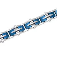 Mens 8 1/2 Inch Stainless Steel Blue IP Finish Cross and Bar Link Bracelet