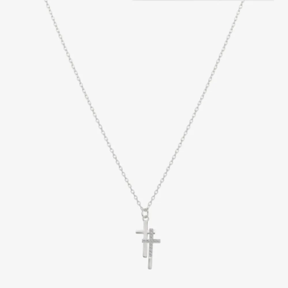 Silver Treasures Cubic Zirconia Sterling Silver Inch Cable Cross Pendant Necklace