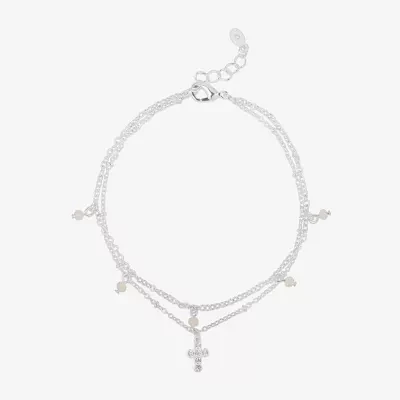 Bijoux Bar Delicates Delicates Silver Tone Glass 9 Inch Link Cross Ankle Bracelet