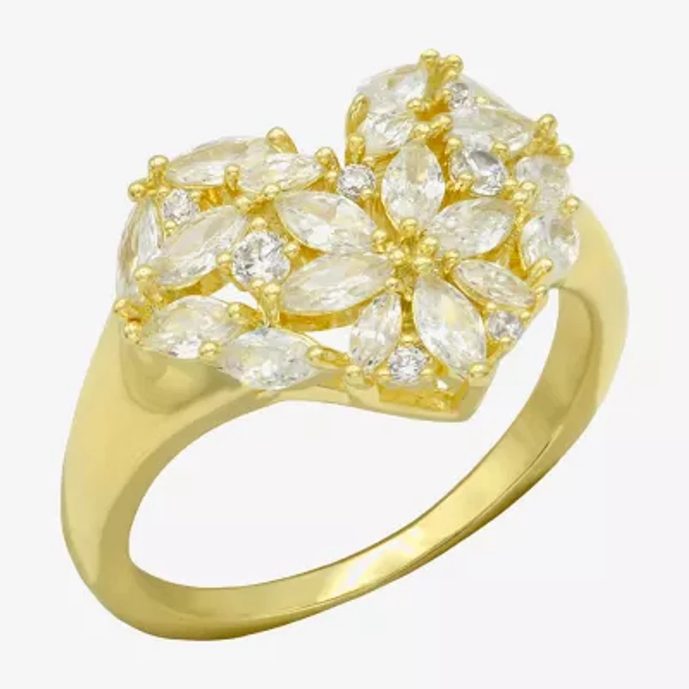 Sparkle Allure Cubic Zirconia 14K Gold Over Brass Heart Cluster Cocktail Ring