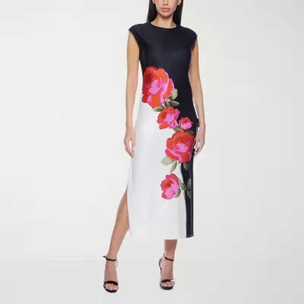 Premier Amour Womens Sleeveless Floral Midi Sheath Dress