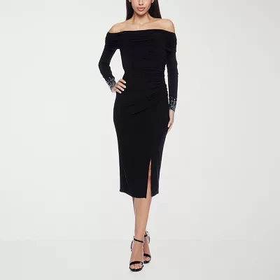 Premier Amour Womens Off The Shoulder Long Sleeve Midi Sheath Dress