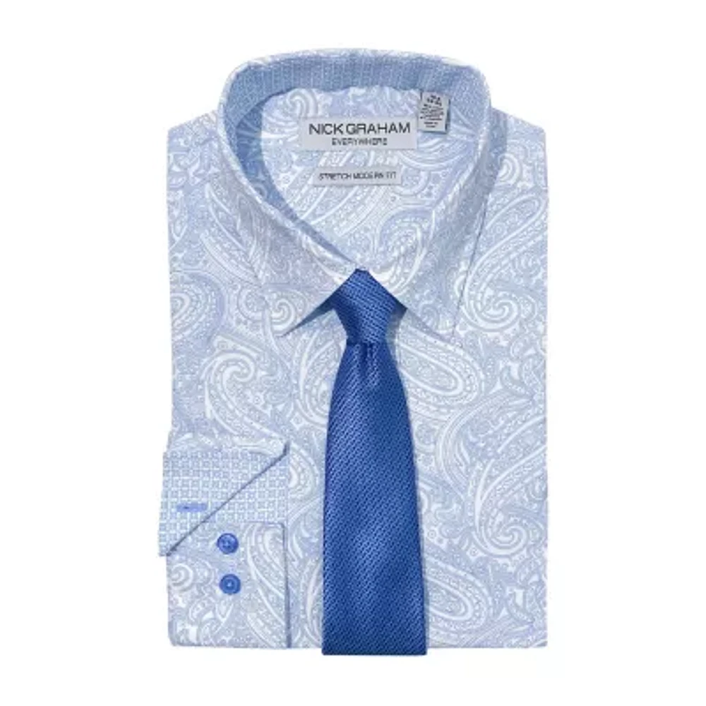 Nick Graham Mens Spread Collar Long Sleeve Shirt + Tie Set