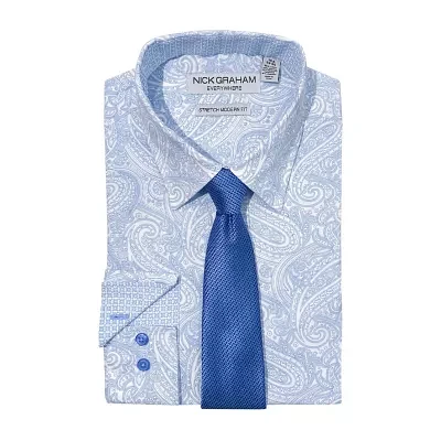 Nick Graham Mens Spread Collar Long Sleeve Shirt + Tie Set