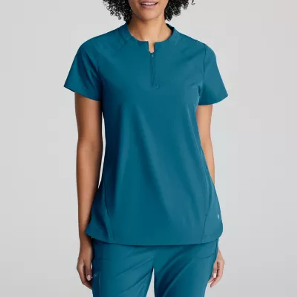 Barco One Bot216 Flux 2-Pocket Banded Zip Collar Womens High Neck Short Sleeve Wrinkle Resistant Scrub Tops