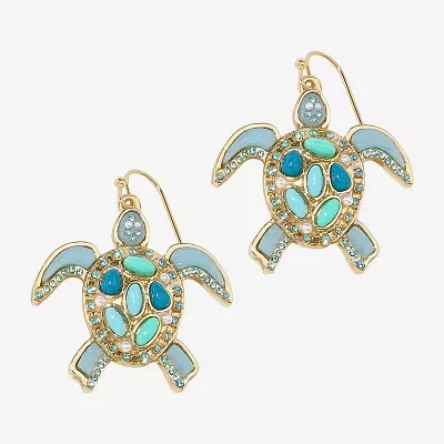 Bijoux Bar Gold Tone Turtle Blue Glass Simulated Pearl Drop Earrings