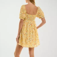 City Triangle Womens Short Sleeve Floral Fit + Flare Dress Juniors