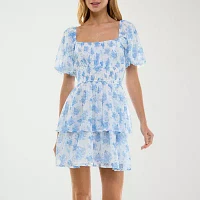 Trixxi Womens Short Sleeve Floral Fit + Flare Dress Juniors