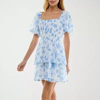Trixxi Womens Short Sleeve Floral Fit + Flare Dress Juniors