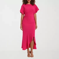 London Style Womens Short Sleeve Midi Fit + Flare Dress