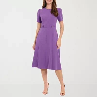 London Style Womens Short Sleeve Midi Fit + Flare Dress