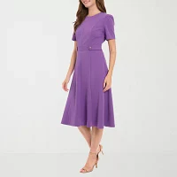 London Style Womens Short Sleeve Midi Fit + Flare Dress