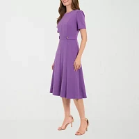 London Style Womens Short Sleeve Midi Fit + Flare Dress