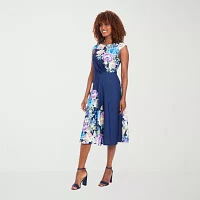 London Style Womens Sleeveless Floral Fit + Flare Dress