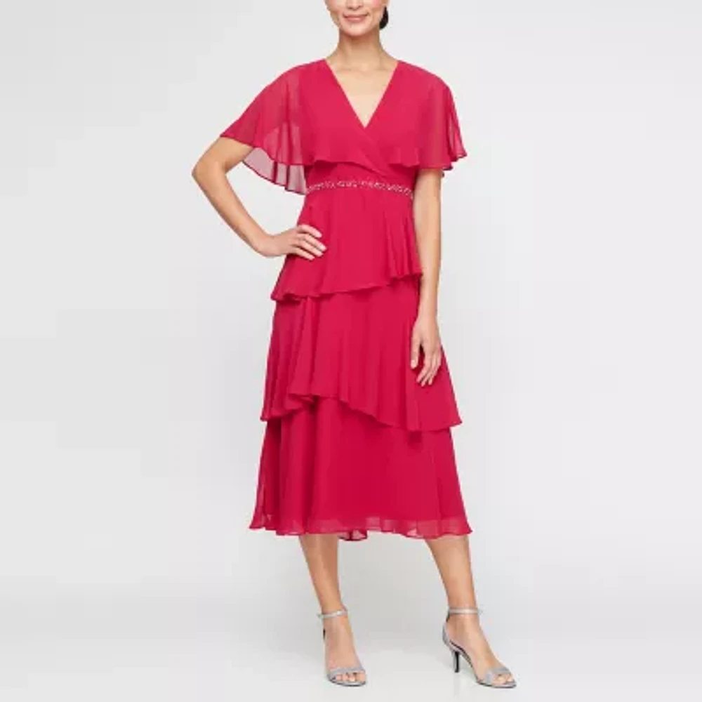 S. L. Fashions Womens Short Sleeve Embellished Midi Sheath Dress