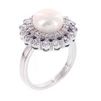 DiamonArt® Cultured Freshwater Pearl and Cubic Zirconia Sterling Silver Flower Ring